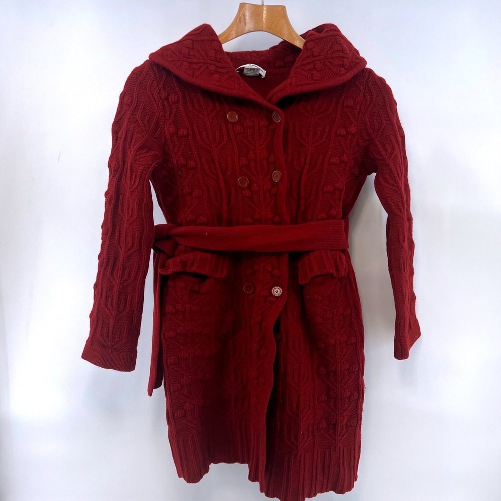 Sonia Rykiel Paris Red Wool Angora Cable Knit Belted Cardigan Sweater Coat IT 36